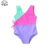 Customizable Quick Dry Elastic Girls Swimsuit Colorblock One-Shoulder Design Stylish Bow Detail Kids Swimwear with Side Bow