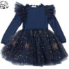 Customizable Chic Ruffle Sleeve Long Sleeves Dress Girls Costume Gold Foil Print Tulle Dress for Girl