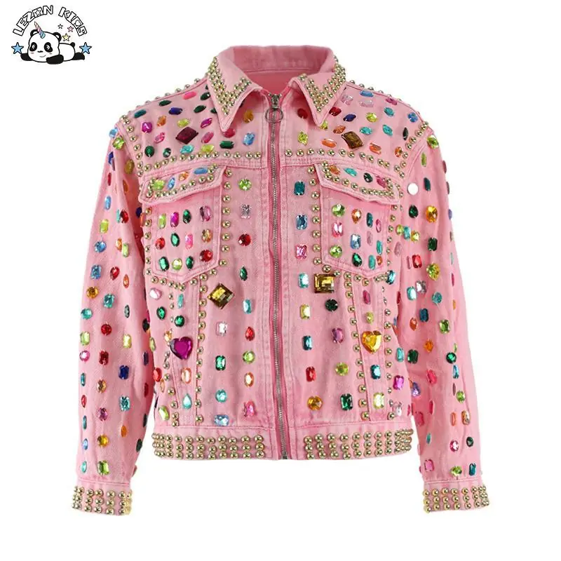 Customizable New Style Pink Colorful Gems Decoration Jeans Zip Jacket Girls Denim Jacket for 2-14T