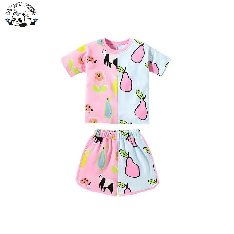 Wholesale Customizable Little Cute Pattern Printing Summer Short Sleeved Suits Girls Clothing Sets for 2-14 Year