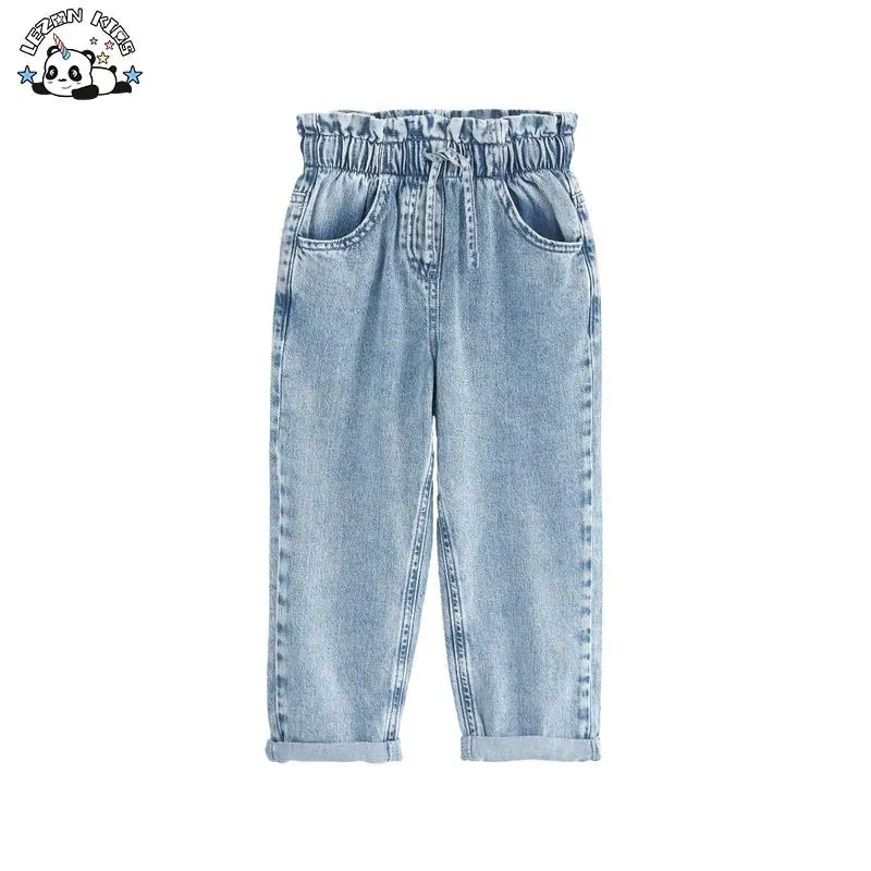 Customizable Kids Casual Flared Jeans Trousers Elastic Waist Sweet Stripe Pattern Fall Girl Pants