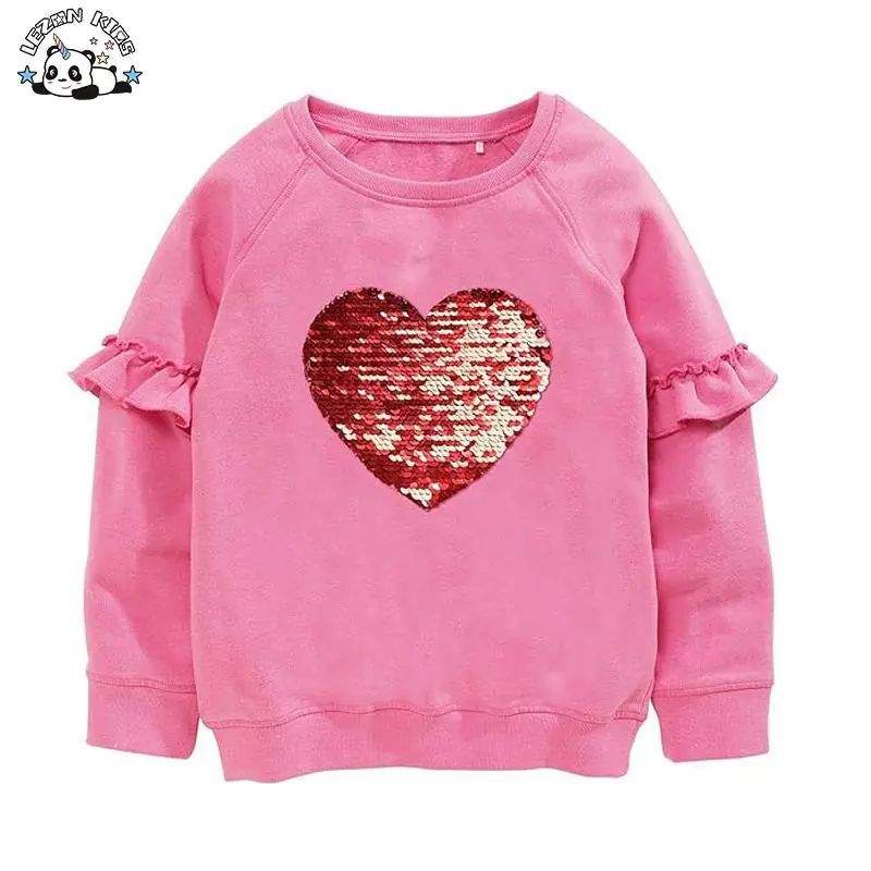 Customizable Girls Crewneck Sequin Heart Shape Pullover Children Hoodie Sweatshirt for Girls