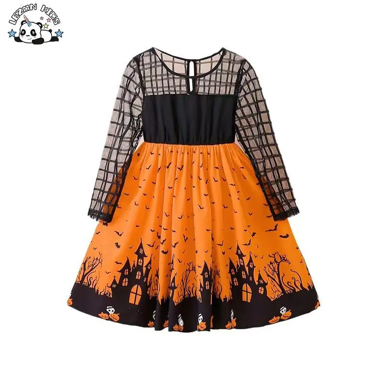 Customizable New Arrivals Colorful Long Sleeves Girls Dress Soft Cotton Halloween Costume Kids Dress