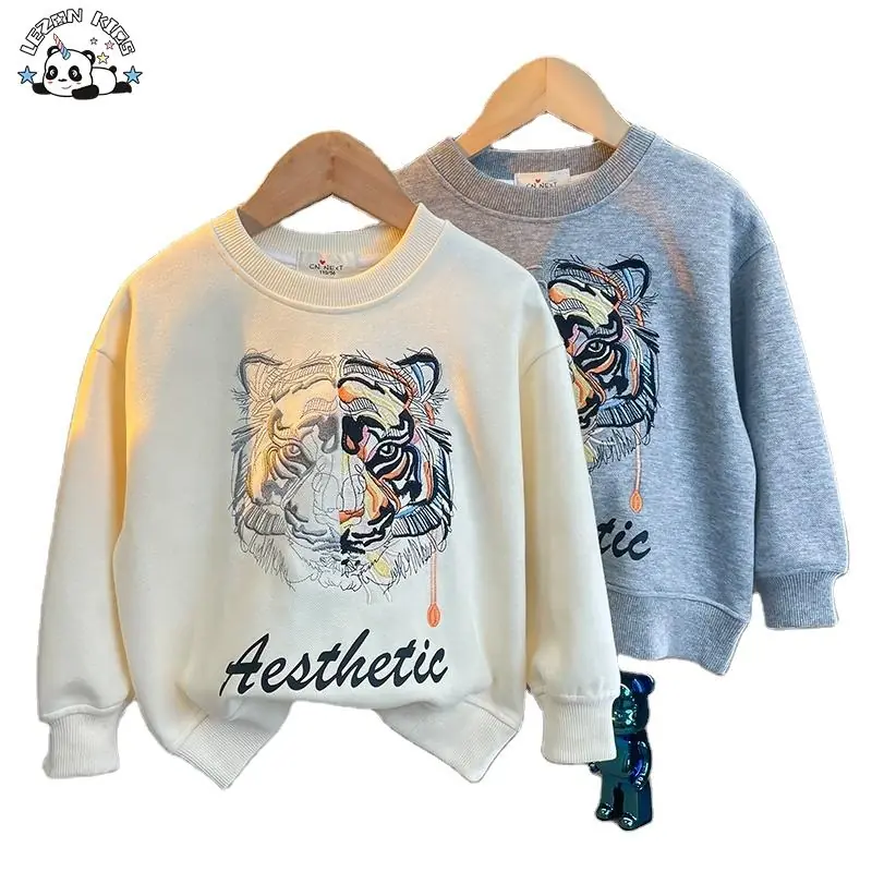 Direct Customized Boys' Sweatshirt Embroidered Tiger Head Baby Hoodies Sweatshirts