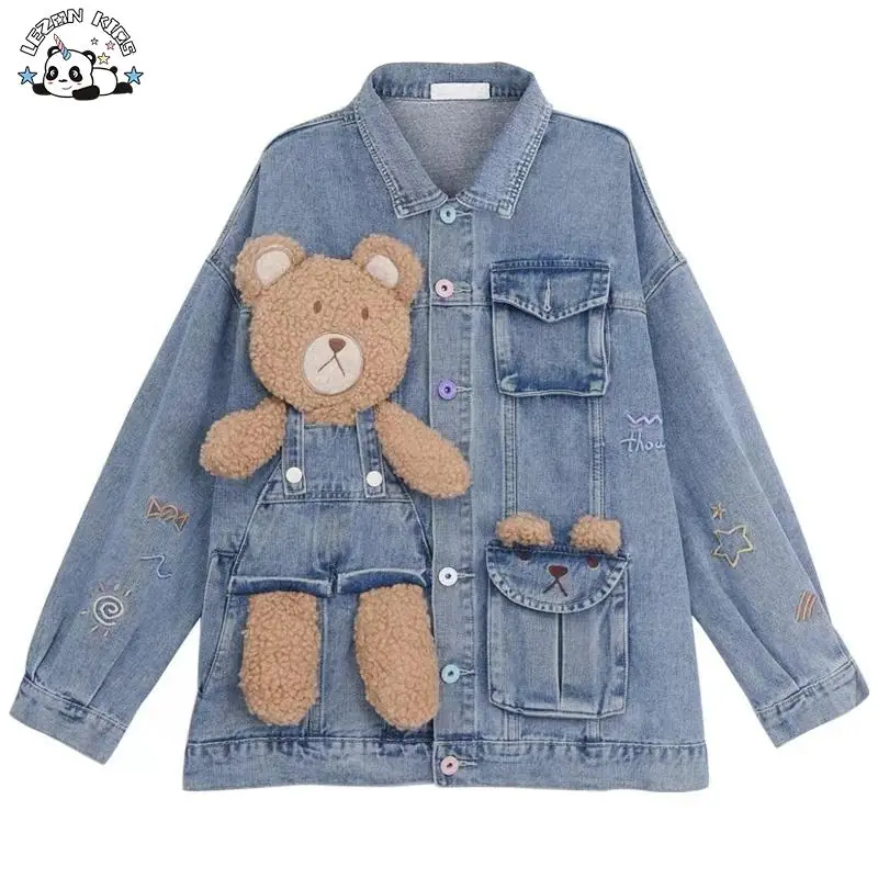 Temperament Trendy Kids Clothes Customized Girls Jacket Bear Patchwork Denim Jean Jacket for Children