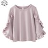 Customizable Spring Autumn Girls Pink Purple Flared Sleeve Long Sleeve T-shirt Wooden Ear Lace Sleeve Hoodie