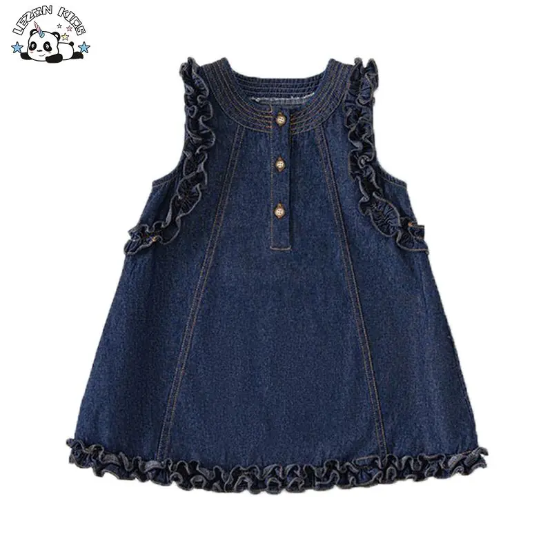 ODM Customizable Girls Casual Denim Dress Ruffle Sleeves Solid Washed Knee-Length Party Style for Toddlers Summer
