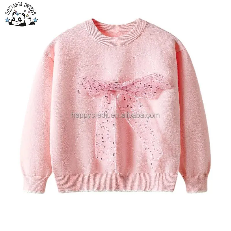 Hot Selling Custom Silk Bow Knot Kids Pullover Sweater Girls Knit Sweater for Winter