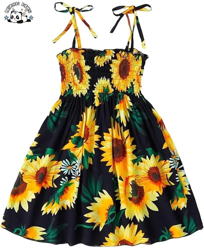 Customizable Summer Sleeveless  Floral Beach Casual Sundress Girls Dress for 2-14 Years Children