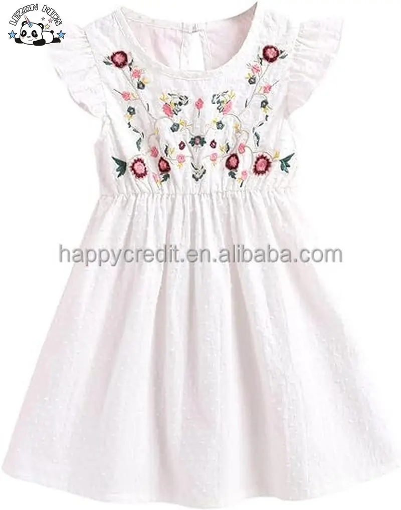OEM Customizable Floral Embroidery Ruffle Sleeve High Waist a Line Dress for Little Girls