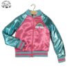 Metallic Faux Leather Blue Sleeves Hot Pink Satin Bomber Coats Girls Puff Jackets with Crystal Rainbow Sequin Tiger Patch