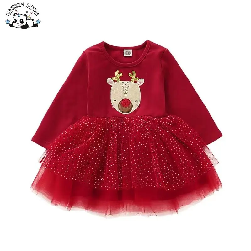 OEM Customizable Best Price Autumn Winter Christmas Children's Dress Baby Long Sleeve Print Mesh Dress