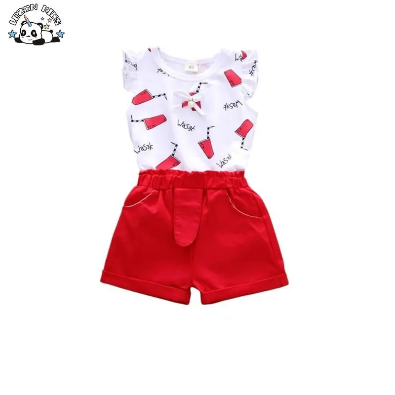 Customizable Summer T-shirt Clothes  Butterfly Sleeves Girl Clothing Sets Kids Girls Summer Clothing Set