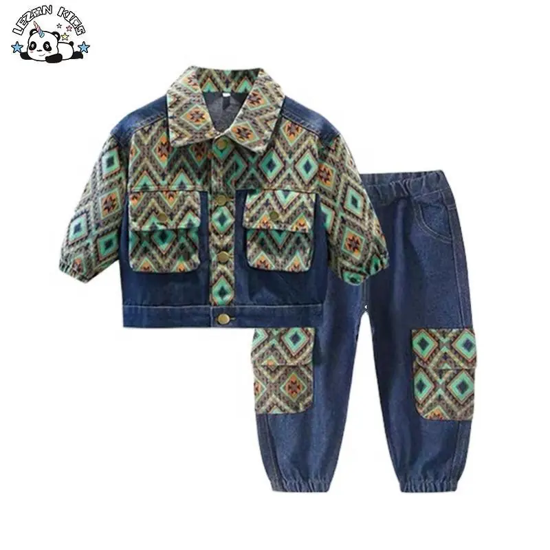 Boys' Autumn Suit New Fashionable Kids' Two Pieces Clothing Casual Baby Checked Denim Pant Set
