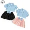 Custom Cute Faux Soft Denim Top Solid Butterfly Skirt Kids Toddler Girl Set Girls Clothing Sets