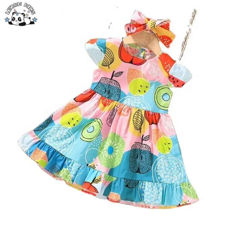 Custom Summer Kids Clothing Fruit Print Casual Dress Girls Breathable Knee-Length Mini Design School Party Toddlers Dress
