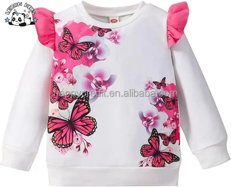 Customizable butterfly Pattern Casual Pullover Ruffle Crewneck Long Sleeve Girls Sweatshirts