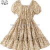 Custom Logo Designed Floral Print Puff Sleeve Square Neck Mini a Line Dress 2-14years for Girls