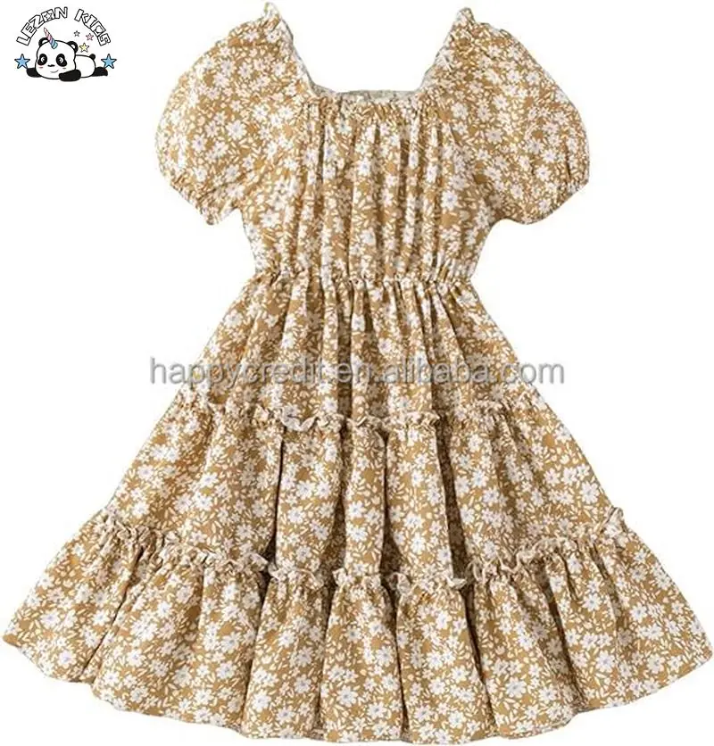 Custom Logo Designed Floral Print Puff Sleeve Square Neck Mini a Line Dress 2-14years for Girls