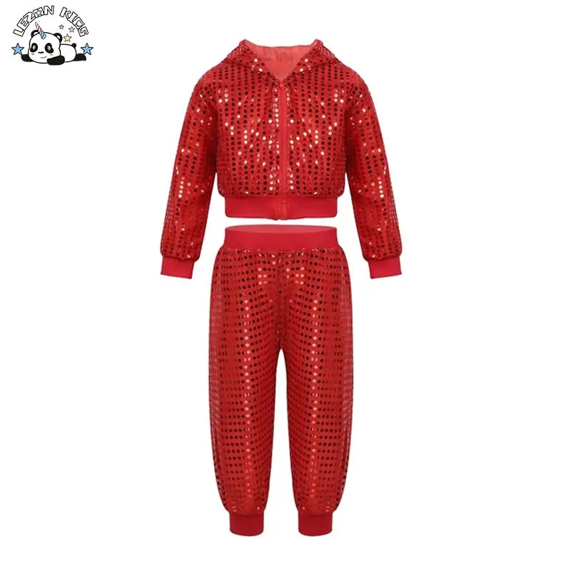 Customized Sequined Hooded Top & Pants Set Girls Colorful Sports Shirt Summer Dance Party Performance Clothing