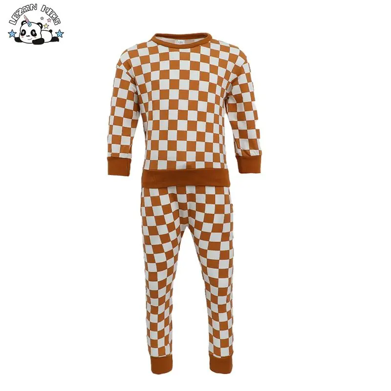OEM Customizable Wholesale Boys Girls Checkered Baby Clothing Set Long Sleeve Retro Outfit Clothes
