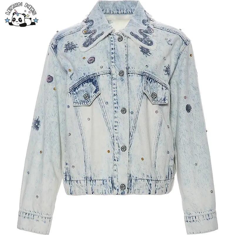 Fashion Vintage  Crystal Beads Embroidery Custom Printed Girls Jacket Washed Denim Girls Jacket