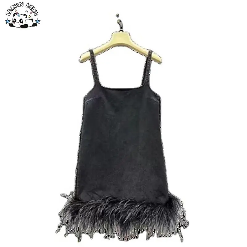Customizable Factory Direct Price Cool Black Feather Spaghetti Strap Dress Girls Dresses 2-14 Children Clothing