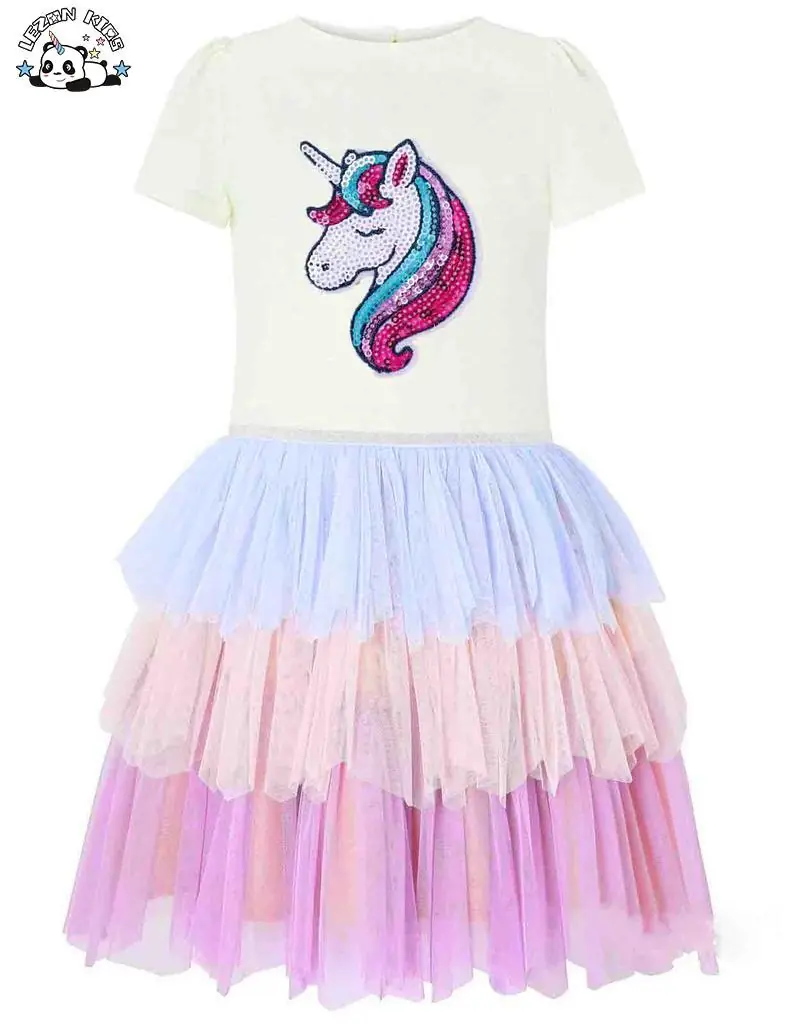 Customizable New Spring Customized Sequined Embroidery Unicorn Heart Layers Summer Tulle Girls Dresses