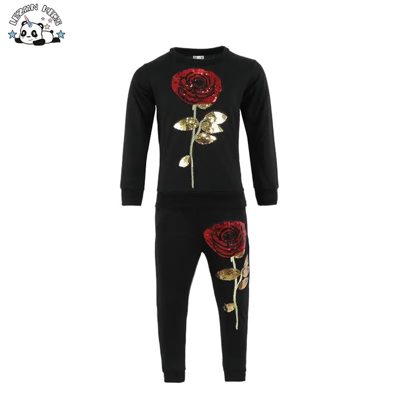 Customized Girls' Clothing Long Sleeve Sequined Flower Hoodie Sets Winter Spring Fall Girls Clothing Sets Wholesale