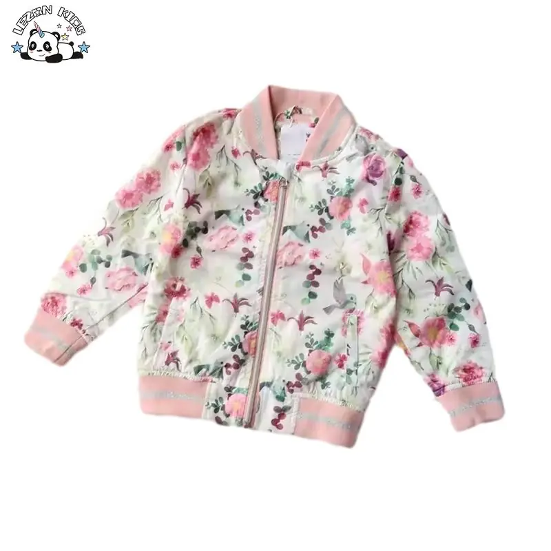 Custom New Style Children's Clothing 3-12 Years Girls Bomber Jacket Lovely Flower Print Zipper Jacket