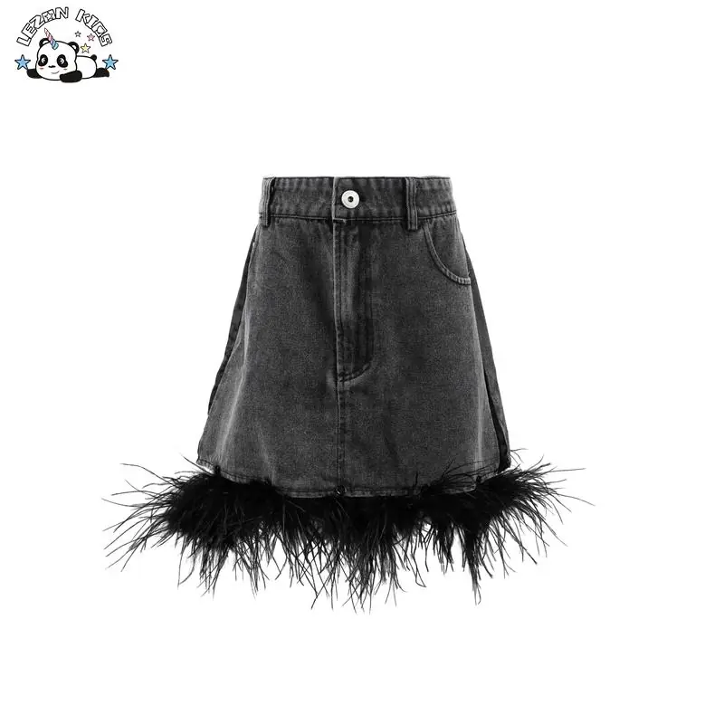 Customized Children's Clothing Girls' High Quality Denim Skirt Detachable Feather Denim Skirt