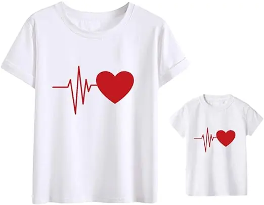 Casual Heart Printed T-Shirts Red Cotton Outfit Moms Kids Family Wear Short Sleeves for Mother’s Day