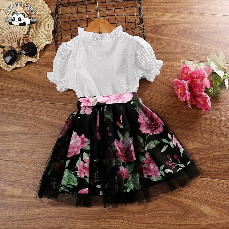 Kids Clothing Girls Cotton Polyester Ruffle Collar Sleeve Shirt Tulle Flower Print Skirt Girls Set Dresses for Kids Girls Custom - Image 2