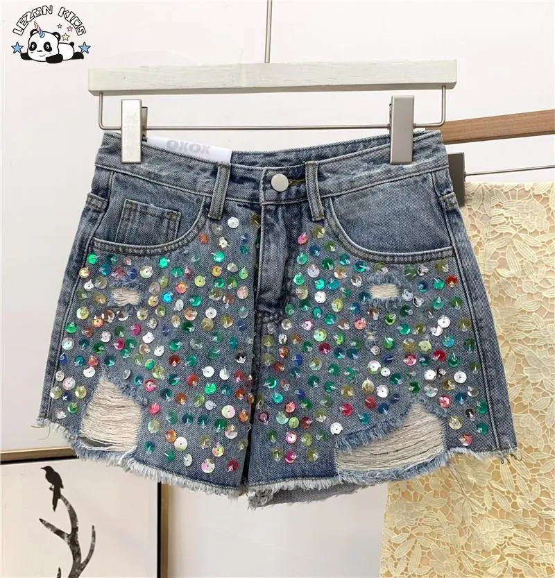 High Street Stylish Colorful Hand Sewn Crystal Rhinestone Girls Jeans Denim Shorts - Image 2