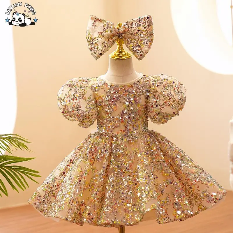 Shiny Children's Poncho Dress Little Girl Flower Child Wedding Bubble Sleeve Princess Dress Sequins Baby's 12 Month Dress - Image 2