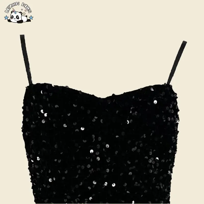 Custom Kids Girls Fashion Clothes Black Sequins Dress Girls Sling Dress - Image 2