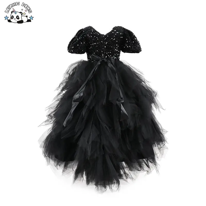 High-end Kid Girls Dress Princess Mesh Trailing Dress Black Sequin Evening Dress for Piano Performance - Image 2