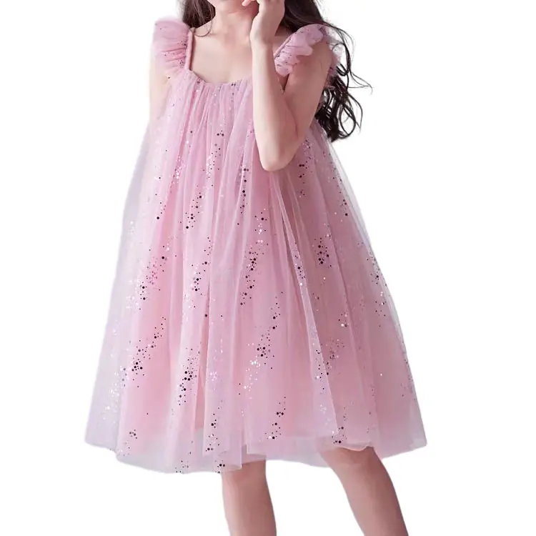 Customizable Wholesale High Quality Latest Design Frocks Flying Sleeve Blue Soft Tulle Dresses for Kids Girls - Image 2