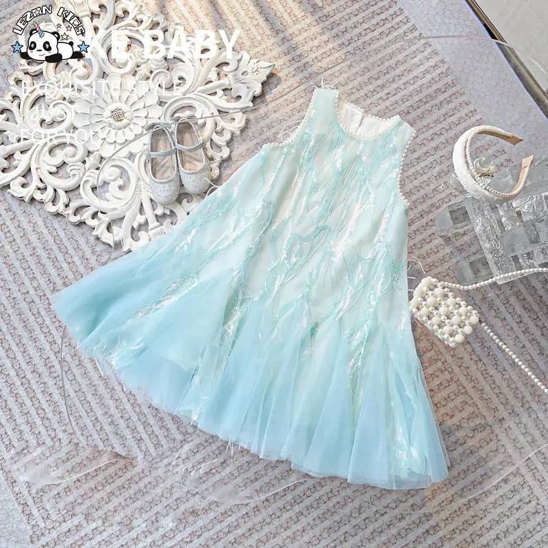 Customizable Hot Selling Mesh Embroidery Tassel Children Clothes Pearl Tank Top Super Fairy Sequin Girls Dress - Image 2