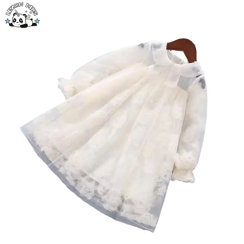 Girl's Sweet Pearls Tulle Dresses Princess Skirt Children's Dress with Flowers - Image 2