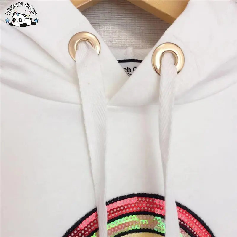 Customizable Girls Sequin Embroidered Rainbow Pullover Fleece White Hoodie with Rainbow Ribs - Image 2