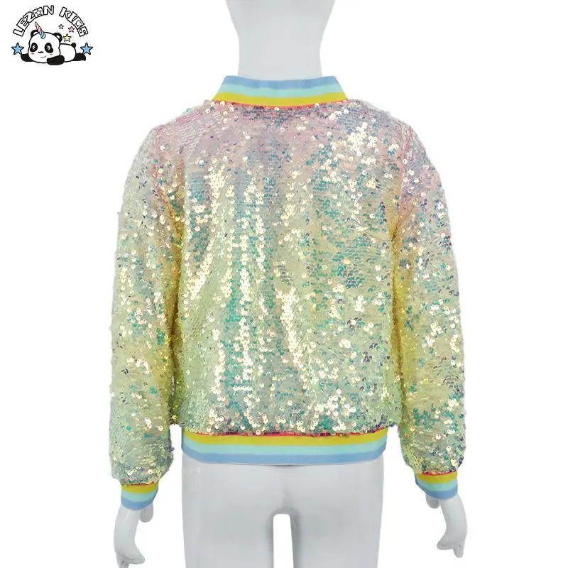 2025 Stylish Sequin Long Sleeve Zip up Baseball Collar Sequin Bomber Girls Jacket - Image 2