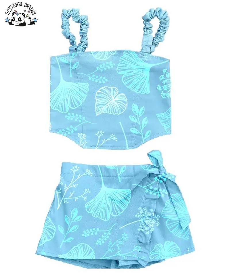 Customizable New Product Explosion Sweet Flowers Printing Blue 2pcs Outfit Girls Boutique Clothing Sets - Image 2