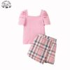 New Plaid Two Piece Set Short Sleeve Cotton Custom Boutique Little Girls Summer Children's Clothing Sets - Image 2