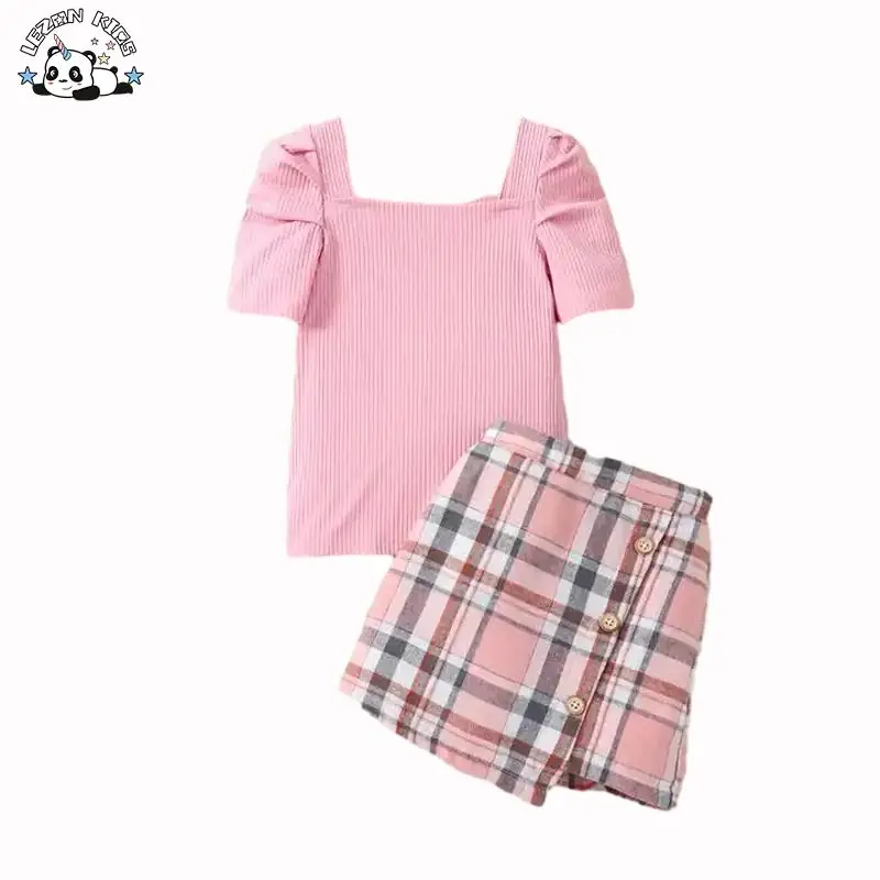 New Plaid Two Piece Set Short Sleeve Cotton Custom Boutique Little Girls Summer Children's Clothing Sets - Image 2
