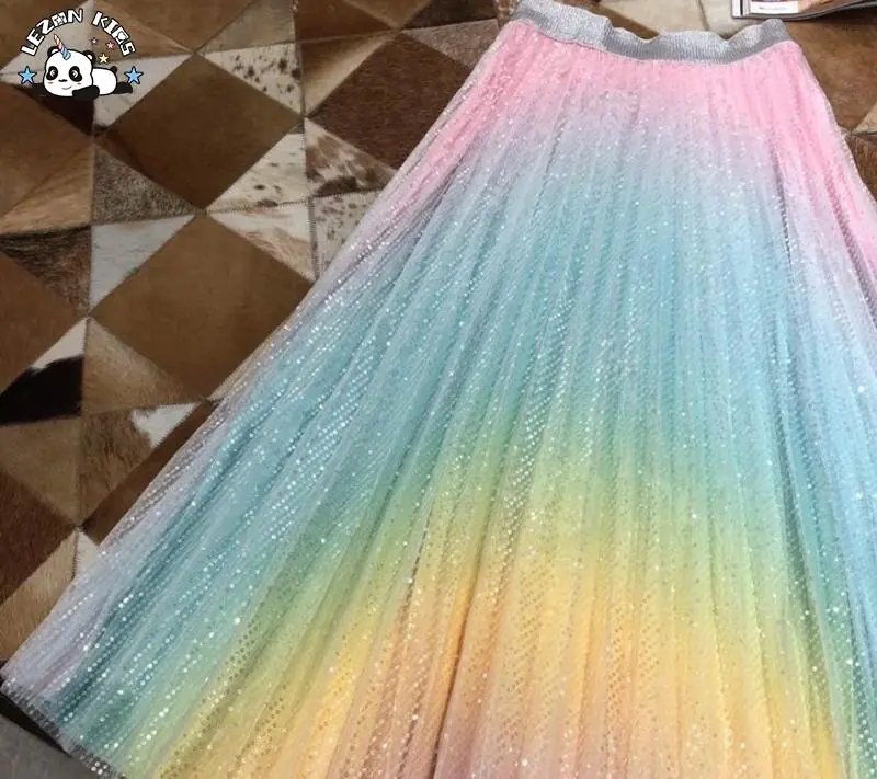 Customizable Girls Satin Rainbow Maxi Pleated Sequin Skirt Kids Fashion Accessory - Image 2