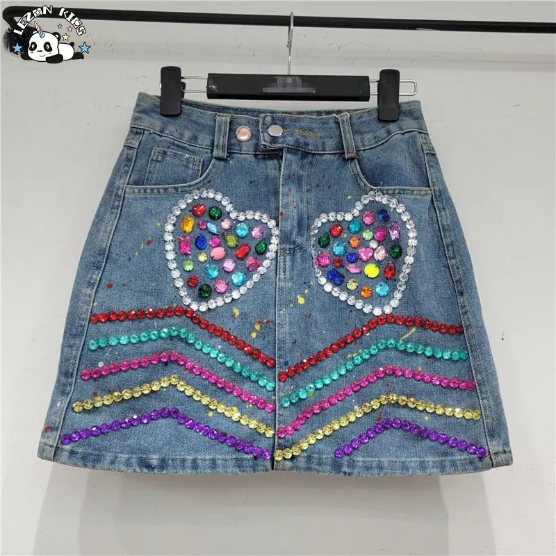 Custom Design Fashion Hand Make Gems Denim Skirt Kid's Stones Skirt Casual A-Line Denim 2-14 Years Denim Skirt - Image 2