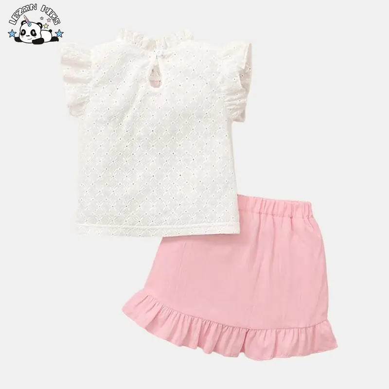 OEM Customizable Summer Girls Clothing Set New Short Sleeves Sweet Shirt Top Skirt Fashion Kids Outfits 2PCS - Image 2