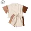 New Style Girls 2-Piece Set Short Sleeve T-Shirt and Shorts Color Block Child Jogger Set - Image 2