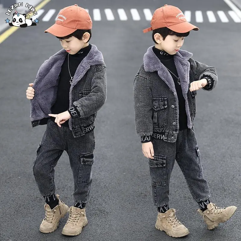 New Fashion Kids Clothes Boys Velvet Denim Suits Winter Outfits Boys Jeans Sets With Good Quality - Image 2